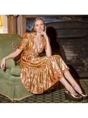 Ulla Johnson Loretta Velvet Devoré Midi Dress Size 0 Rose Gold Floral Tiered